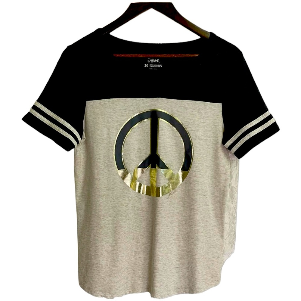 Justice Teen Girls T-shirt Size 20 Peace Sign Grey Heather Beige Silver Graphics